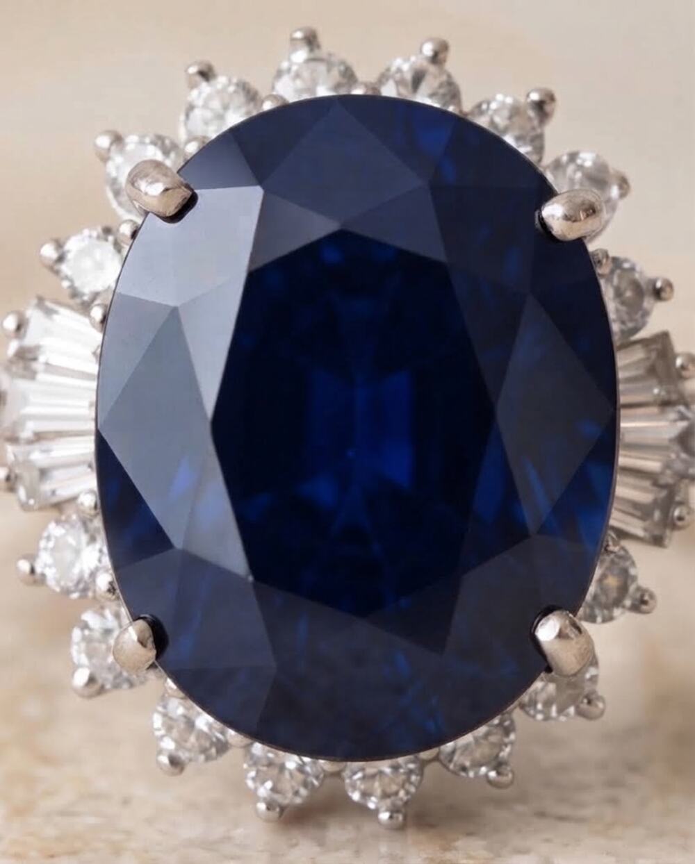 9CT Blue Sapphire & Baguette Diamond Oval Engagement Ring Sterling Size 9.5